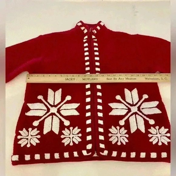 Laura Leigh Sweater Women XL Red 100% Boiled Wool Zip Snowflakes Jacket festive - Picture 6 of 6